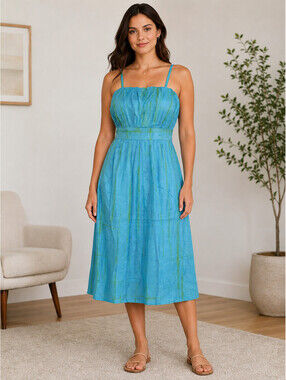 NWT Chaudry KC Hand Dyed Sundress Womens L Blue Striped Cotton Boho Resort Beach